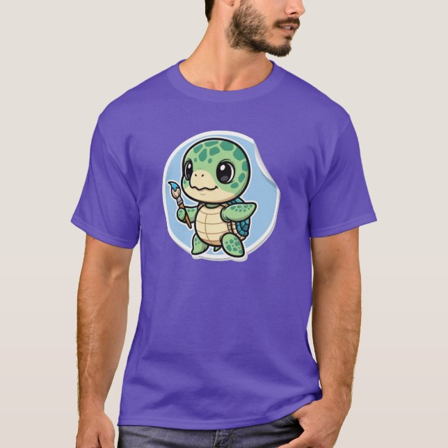 Cute Seaurtle With Paintbrush Kawaii Artist Animal T Shirt (Framsida)
