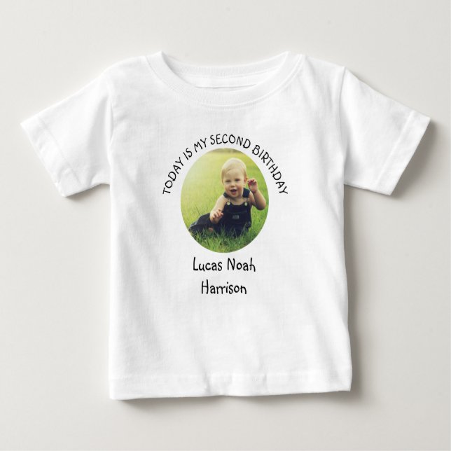 Cute Second Bday Namn Round Photo Födelsedagsfest T Shirt (Framsida)