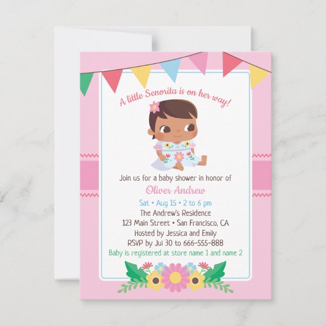 Cute Senorita Girl Blommigt Fiesta Baby Shower Inbjudningar (Framsida)
