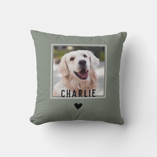 Cute Sentimental Grönt med Heart Hund Photo Namn Kudde (Framsida)