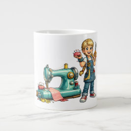 Cute Sewing Girl Cartoon with Vintage Machine Jumbo Mugg
