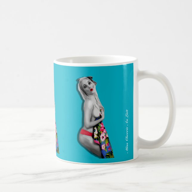 Cute Sexy Retro Tropical Pinup Girl Teal Blue Mugg (Höger)