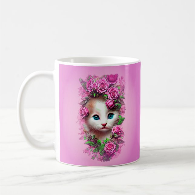Cute Shabby chic Kitten med Rosa ros Kaffemugg (Vänster)