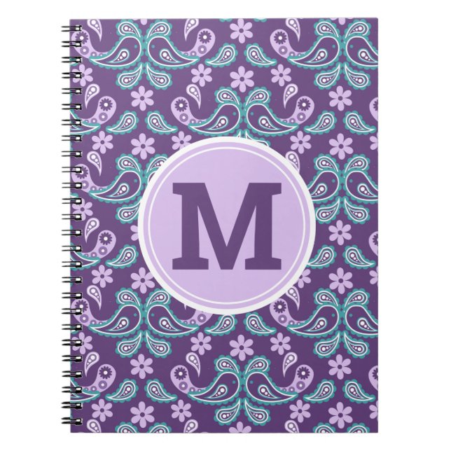 Cute Shabby chic Lila och Blue Paisley Monogram Anteckningsbok (Framsidan)