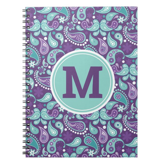 Cute Shabby chic Lila och Blue Paisley Monogram Anteckningsbok (Framsidan)