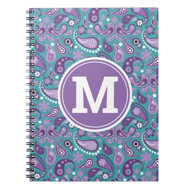 Cute Shabby chic Lila och Blue Paisley Monogram Anteckningsbok (Framsidan)