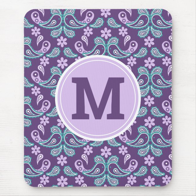 Cute Shabby chic Lila och Blue Paisley Monogram Musmatta (Framsidan)