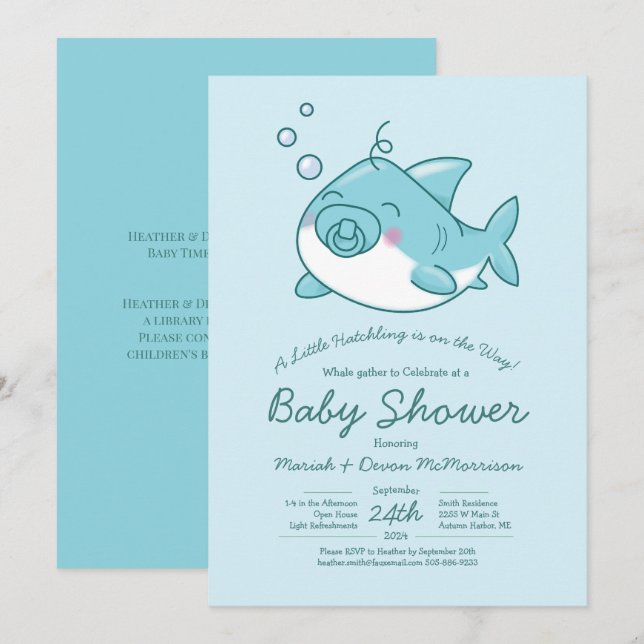 Cute Shark Baby Shower Kawaii Blue Boy Inbjudningar (Fram/baksida)