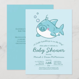 Cute Shark Baby Shower Kawaii Blue Boy Inbjudningar