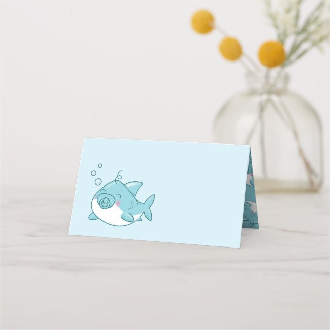 Cute Shark Baby Shower Kawaii Blue Boy Placeringskort (Framsida)