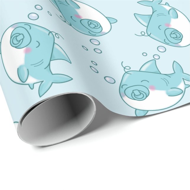 Cute Shark Baby Shower Kawaii Blue Boy Presentpapper (Rullad Hörn)