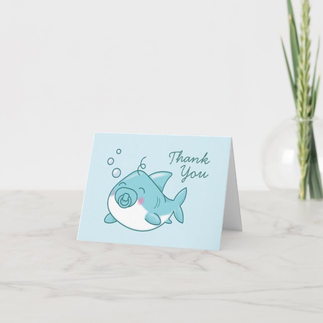Cute Shark Baby Shower Kawaii Blue Boy Tack Kort (Framsida)