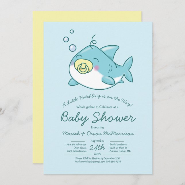 Cute Shark Baby Shower Kawaii-inbjudan Inbjudningar (Fram/baksida)