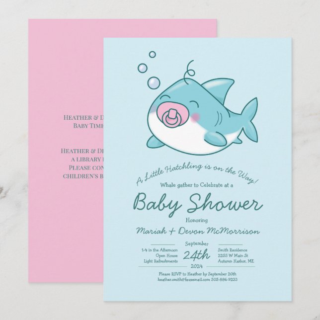 Cute Shark Baby Shower Kawaii Rosa Girl Girl Inbjudningar (Fram/baksida)