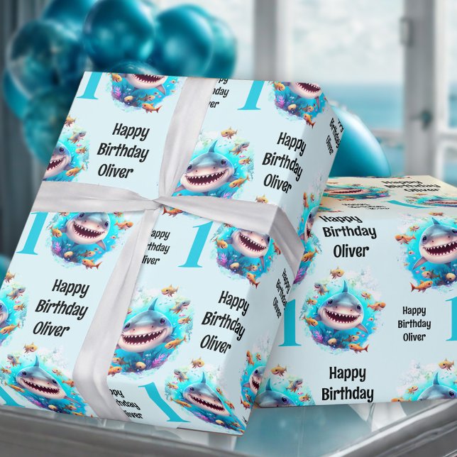 Cute Shark Boy 1:a födelsedagen Namn, Papper Presentpapper (Cute Shark Boy 1st Birthday Name Wrapping Paper)