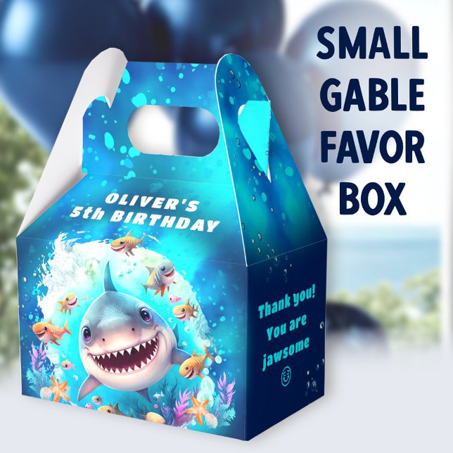 Cute Shark Boy Birthday Blue Party Favoritbox Presentaskar (Shark Dark Blue Small Gable Favor Boxes - You can choose from 3 sizes of these gable favor boxes)