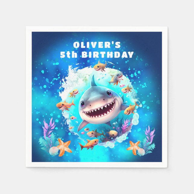 Cute Shark Boy Birthday Blue Party Pappra Napkins Pappersservett (Framsidan)