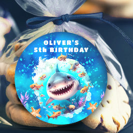 Cute Shark Boy Birthday Blue Stickers Runt Klistermärke