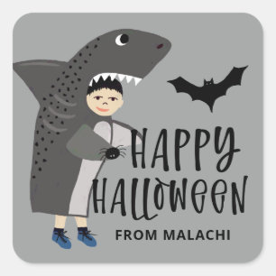 Cute Shark Costume Kids Namn Halloween fest Fyrkantigt Klistermärke
