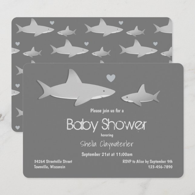 Cute Shark Grått Baby Shower Inbjudningar (Fram/baksida)