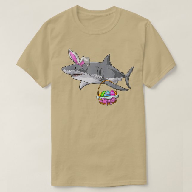 Cute Shark med Påsk Basket och Bunny Öron Lycklig T Shirt (Design framsida)