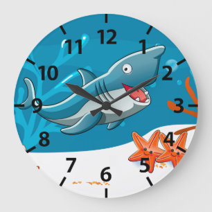 Cute Shark Ocean Aquatic Wall Clock Stor Klocka