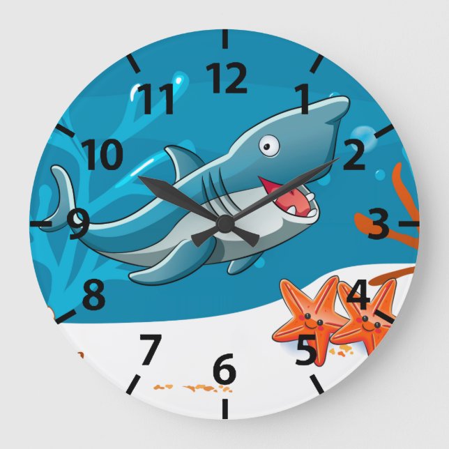 Cute Shark Ocean Aquatic Wall Clock Stor Klocka (Framsida)