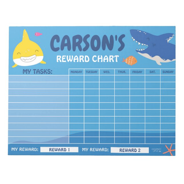 Cute Shark Reward Chart Personlig Namn & Task Anteckningsblock (Framsida)