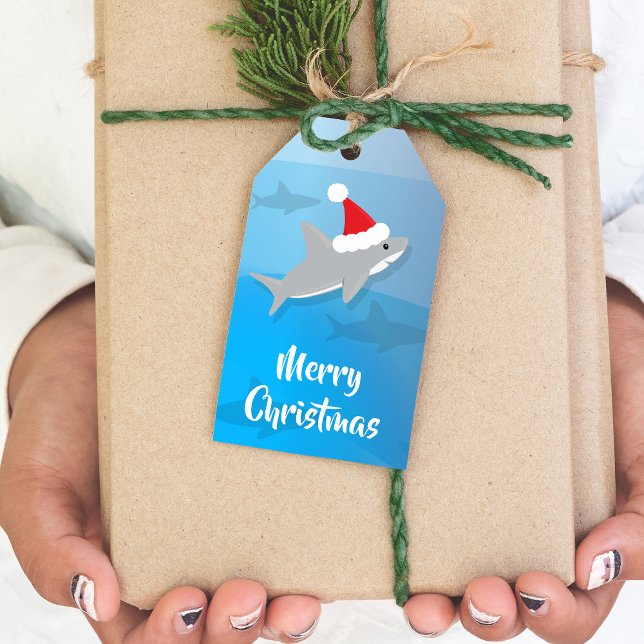 Cute Shark Santa Hat Animal jul Presentetikett (Get these fun shark Christmas gift tags to add to your holiday.)