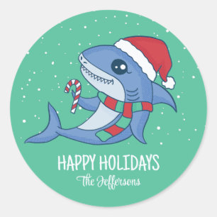 Cute Shark Santa Snowy Winter Helgdag Runt Klistermärke