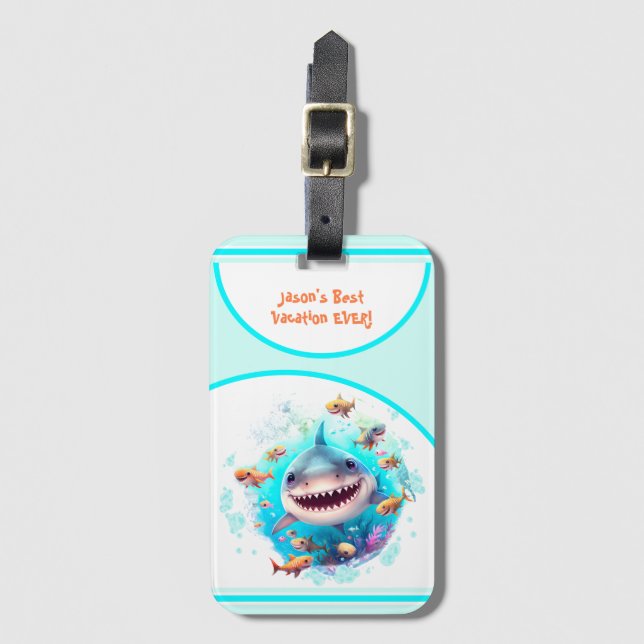 Cute Shark Summer Vacation Personlig Boy Bagagebricka (Framsida vertikal)