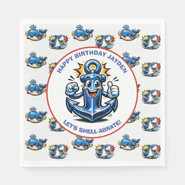 Cute Shark, Whale and Anchor Boy's Birthday Pappersservett (Framsidan)