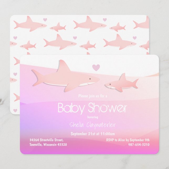 Cute Sharks and Ocean Rosa White Inbjudningar (Fram/baksida)