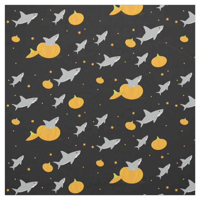 Cute Sharks Grått Black Orange Pumpkins Halloween Tyg (Provkarta)