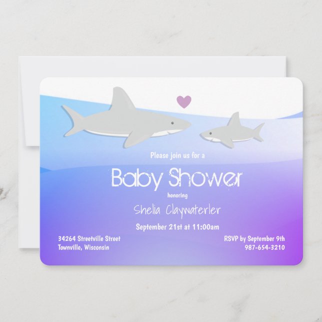 Cute Sharks Lila Ocean | Inbjudan till babyvisning (Framsida)