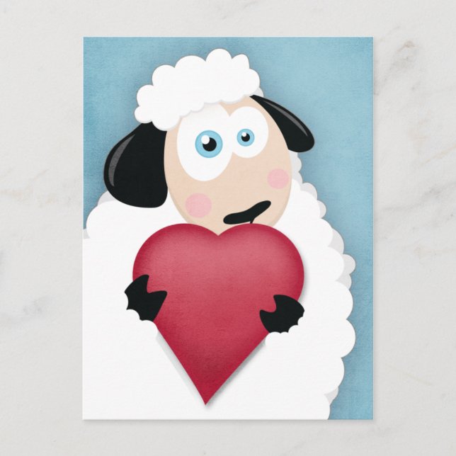 Cute Sheep Holding Kärlek Heart-vykort Vykort (Framsida)