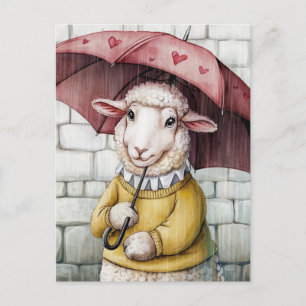 Cute Sheep i Gult Sweater with Parbrella Vykort