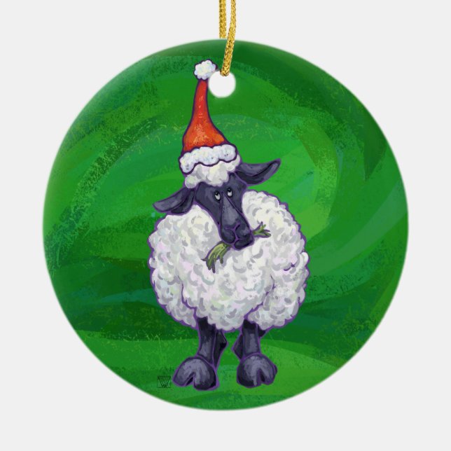 Cute Sheep i Santa Hat på Grönt Julgransprydnad Keramik (Framsidan)