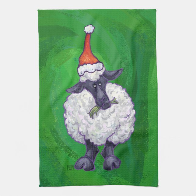 Cute Sheep i Santa Hat på Grönt Kökshandduk (Vertikal)