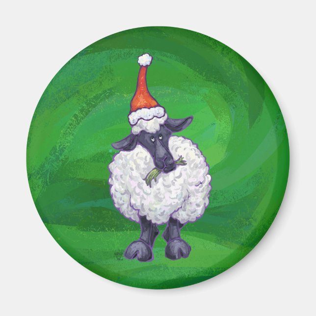 Cute Sheep i Santa Hat på Grönt Magnet (Framsidan)