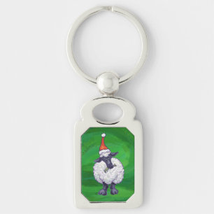 Cute Sheep i Santa Hat på Grönt Rektangulärt Silverfärgad Nyckelring