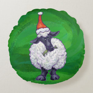 Cute Sheep i Santa Hat på Grönt Rund Kudde