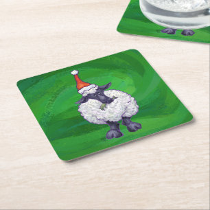 Cute Sheep i Santa Hat på Grönt Underlägg Papper Kvadrat