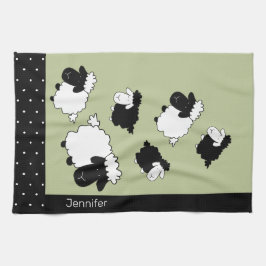 Cute Sheep Illustration Black, White, Sage Greeen Kökshandduk