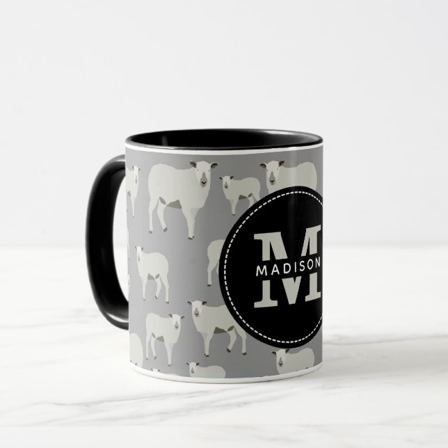 Cute Sheep & Lamb Farm Animal Mönster Monogram Mugg (Framsida vänster)