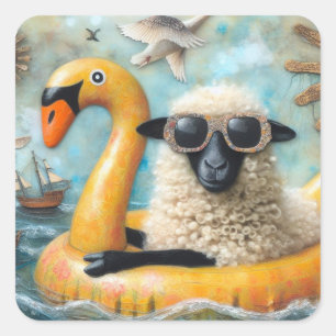 Cute Sheep på Gult Svan Floatie Fyrkantigt Klistermärke