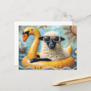 Cute Sheep på Gult Svan Floatie Vykort
