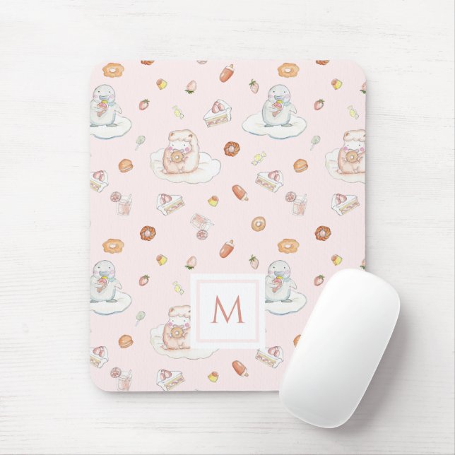 Cute Sheep & Penguin Sweets Mönster Rosa Monogram Musmatta (Med mus)