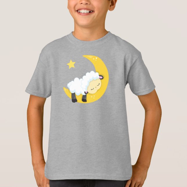 Cute Sheep, Sleeping Sheep, Måne, Stars, Sömnig T Shirt (Framsida)