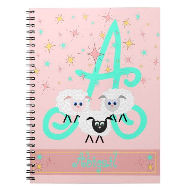 Cute Sheep & Stars Namn & Initial Monogram Rosa Anteckningsbok (Framsidan)